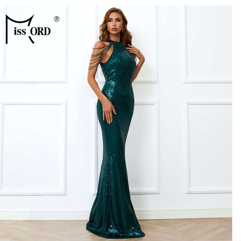MISS ORD  Halter Sequin Tassel Bodycon Maxi Elegant Mermaid Evening Gown Size L